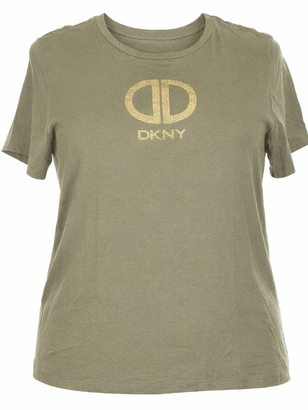 DKNY Olive Green Logo Short Sleeve Tee – Gold Print, Casual Streetwear Style-XL